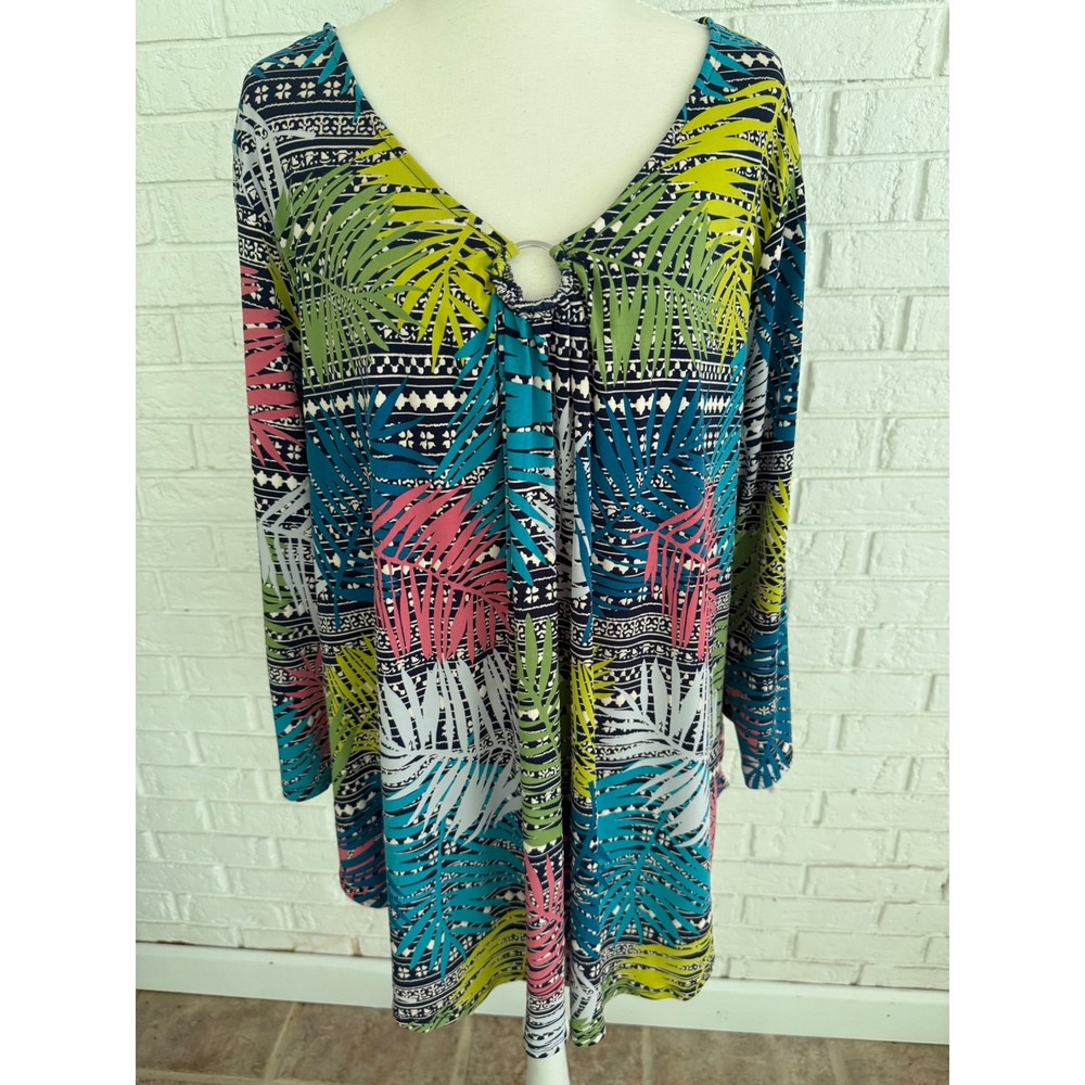 Ruby Rd. Tunic Top Women 2X Multicolor Excellent Tropical Palm O-Ring 3/4 Sleeve - Picture 2 of 6